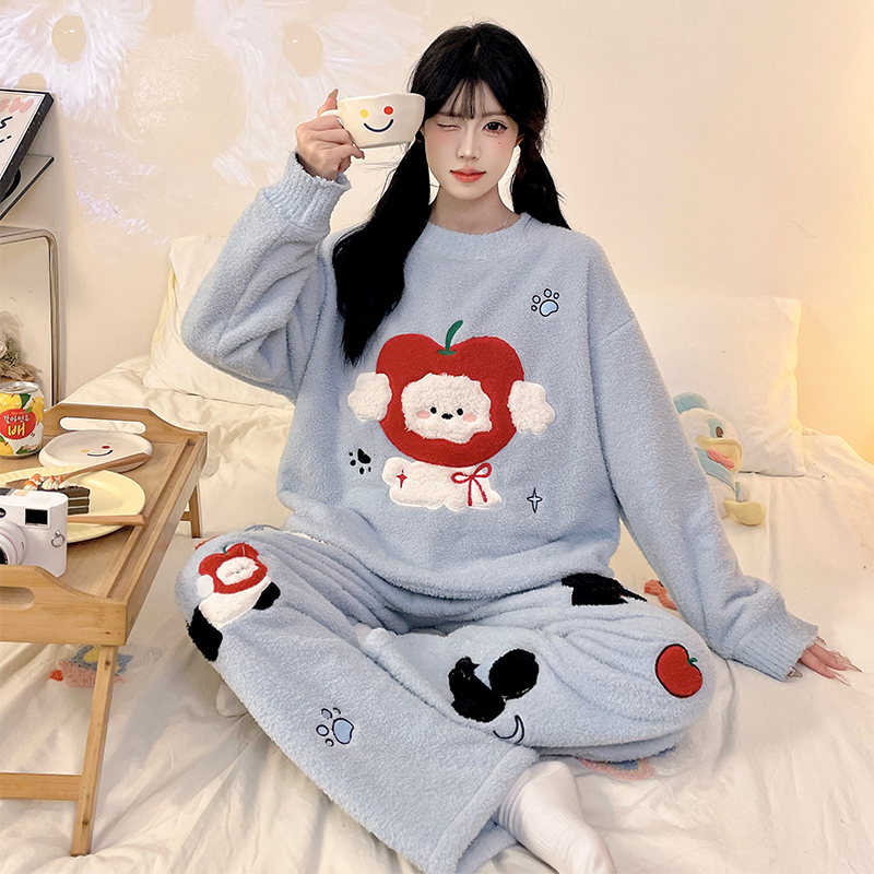 卡通小狗半边绒睡衣女秋冬季加绒