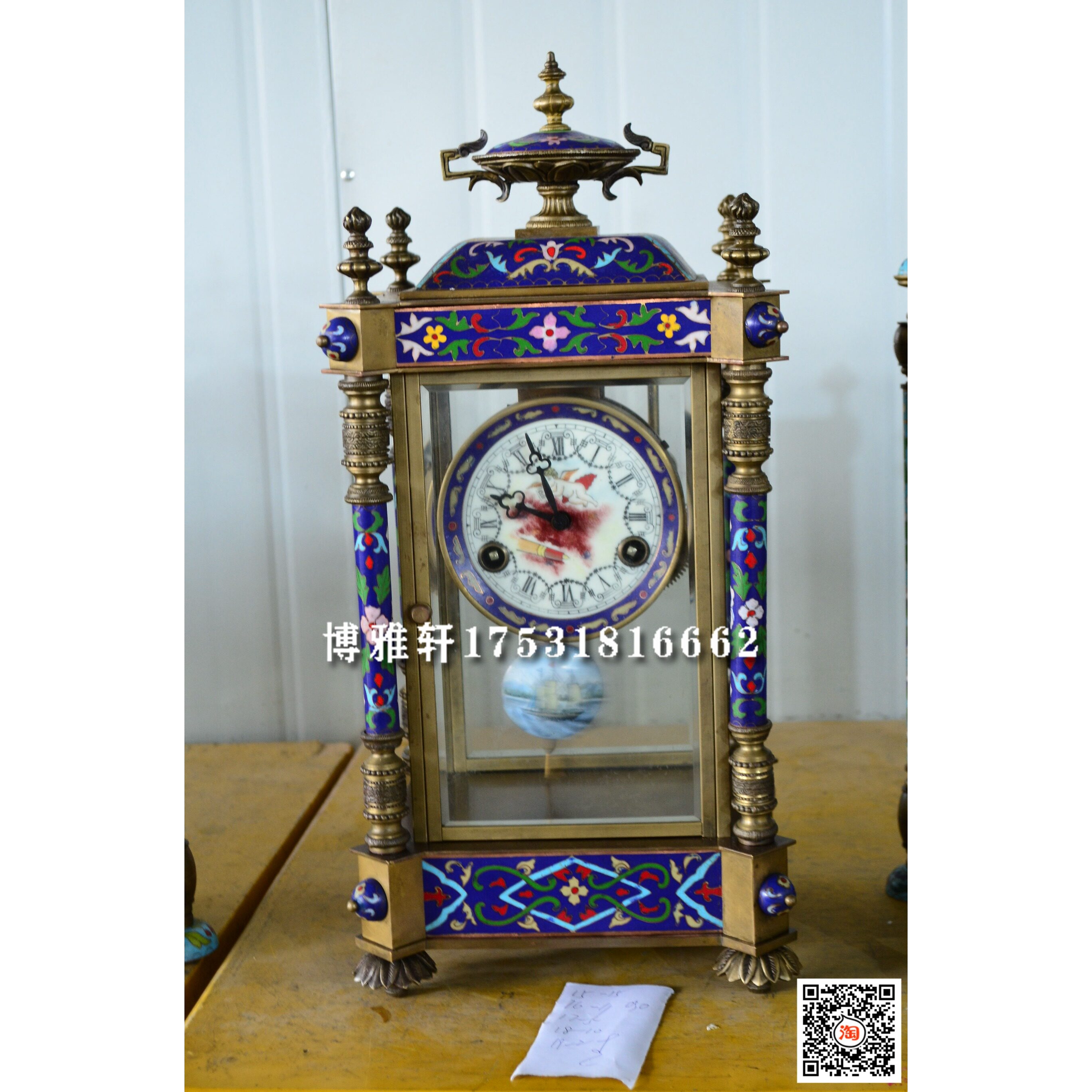 博雅轩古典钟景泰蓝纯铜机械报时四明钟錾珐琅做旧仿古董欧式客厅