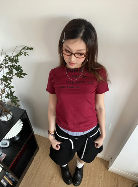 ARDENT原创正肩上衣酒红做旧印花短袖款夏季修身美式辣妹圆领T恤