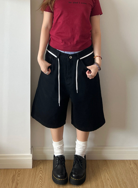 ARDENT美式复古黑色牛仔中裤夏季休闲阔腿直筒低腰五分裤