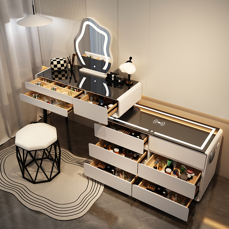 实木梳妆台卧室现代简约高级北欧组合收纳柜一体妆桌无线充电音响