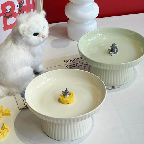 高脚大口径陶瓷猫碗护颈猫食盆狗盆防黑下巴增高平口奶油风猫粮碗