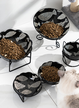 黑色鱼猫碗斜口陶瓷高脚水碗猫食盆猫粮碗大口径狗碗防黑下巴宠物