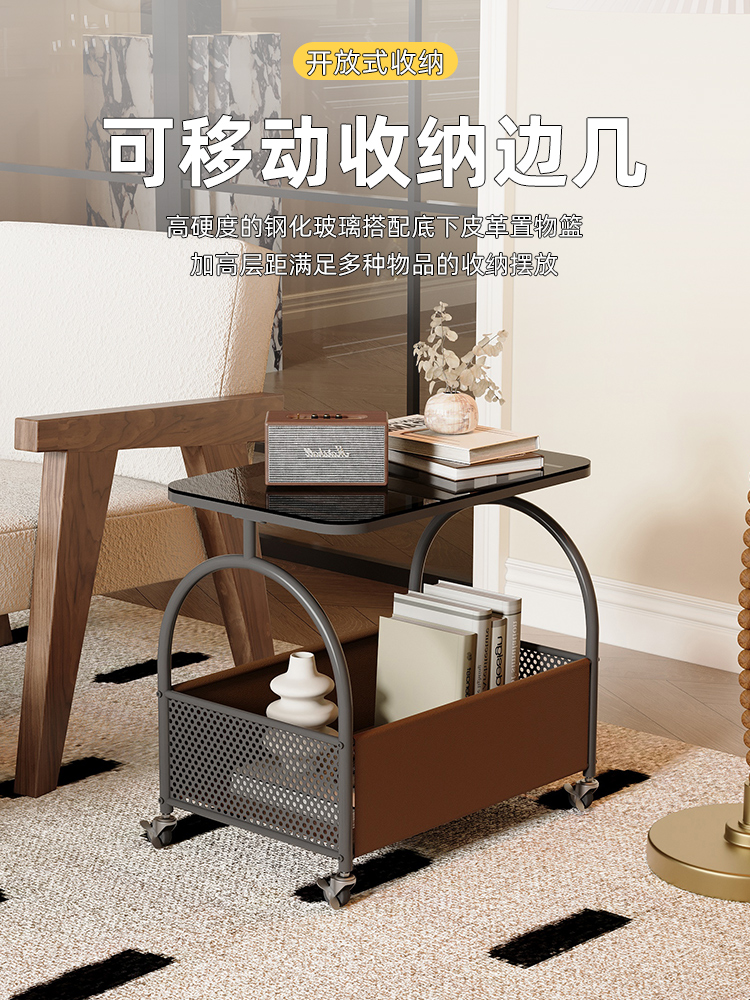 可移动客厅沙发置物玻璃边几中古风小茶几卧室床边简易带轮小推车
