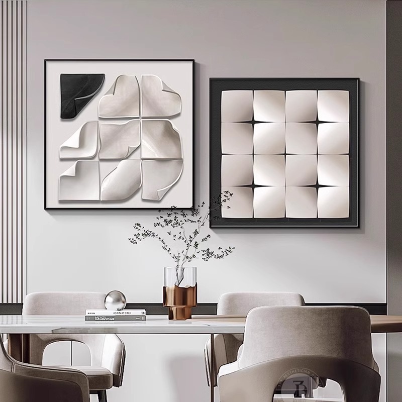 正方形餐厅装饰画现代轻奢客厅两联壁画高级感3d立体几何饭厅挂画图片