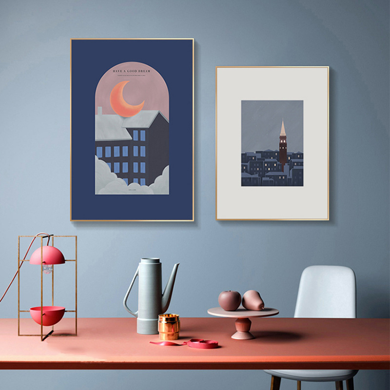 夜静现代简约客厅装饰画蓝色夜晚建筑壁画走廊玄关卧室民宿床头画图片