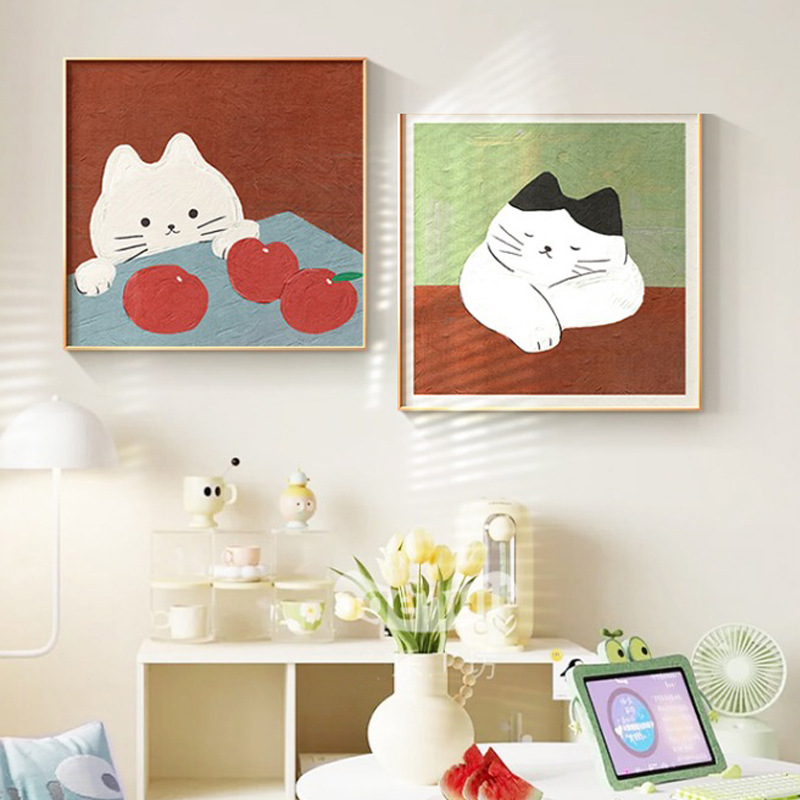 猫咪装饰画儿童房床头可爱治愈系餐厅组合画小众艺术挂画客厅壁画图片