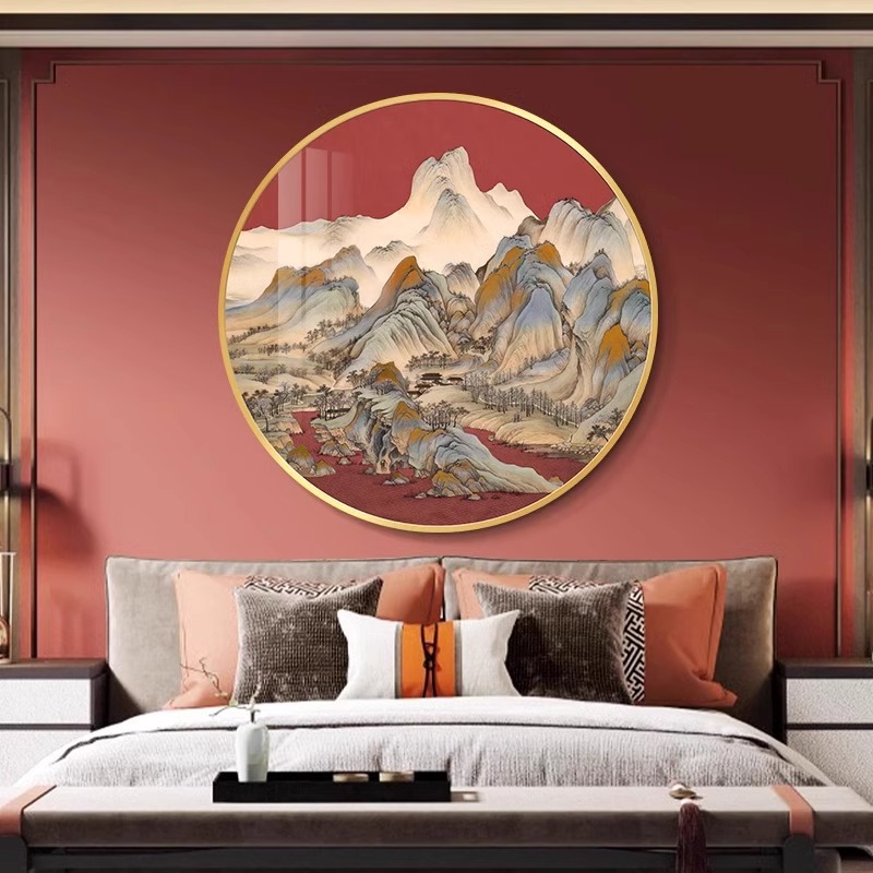 酒店走廊大气灯画新中式客厅圆形挂画玄关过道高档意境山水装饰画图片