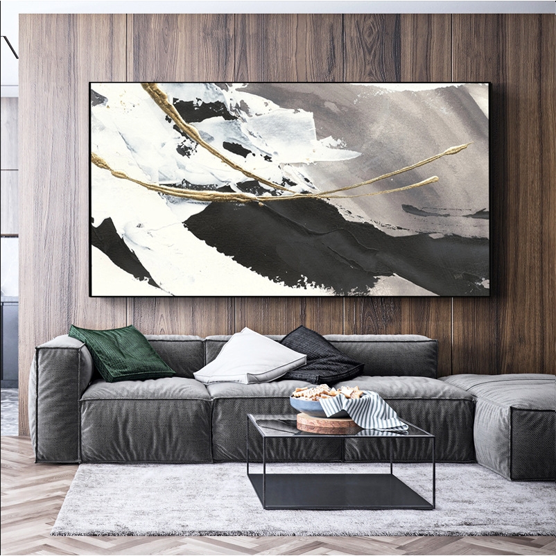 北欧抽象油画装饰画黑白抽象横幅大副客厅餐厅沙发背景墙挂画壁画图片