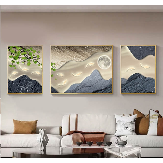 新中式九鱼晶瓷画艺术壁画装饰画客厅沙发背景墙挂画三联画轻奢图片