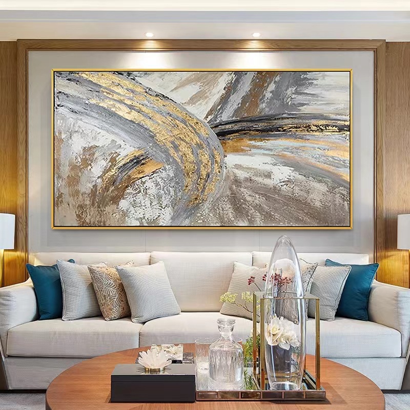 纯手绘大型横幅抽象装饰画现代高级感金箔肌理油画简约客厅墙挂画