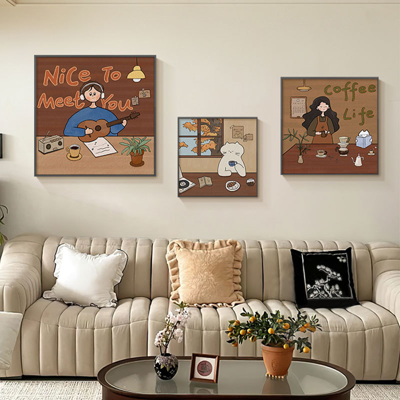 美拉德ins风餐厅装饰画美式复古客厅卧室挂画卡通小众咖啡店摆画