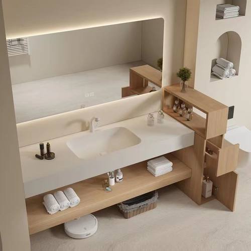 原木风可丽耐一体盆岩板热弯盆浴室柜组合半墙洗漱台洗手盆柜定制