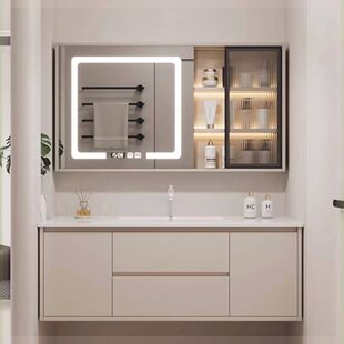 奶油风浴室柜77/87/97CM陶瓷一体洗手池洗脸盆107/117洗漱台定制