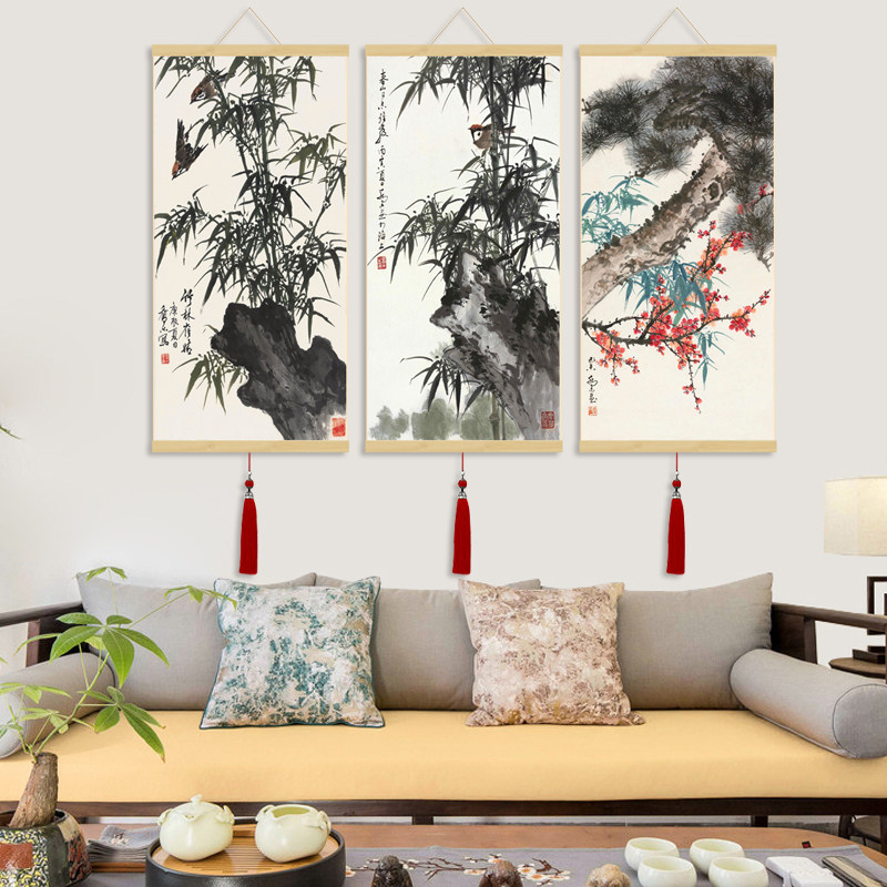 岁寒三友仿古竹子水墨画酒店茶楼装饰名家挂画风水字画丝绸礼品画