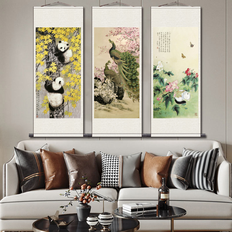 熊猫卷轴画动物挂画宝宝房间装饰画丝绸画绢画玄关装饰可定制国画图片