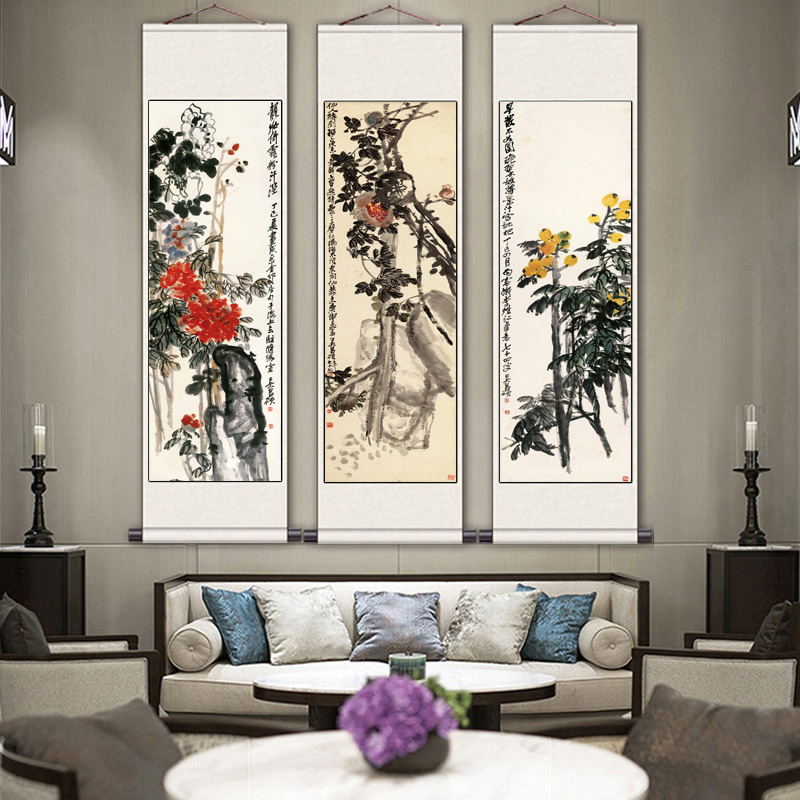 吴昌硕花鸟挂画石榴琵琶松树细长家居装饰画梅兰竹菊茶楼壁画名家