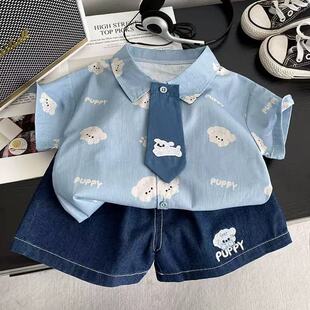 新款男童夏季2026洋气夏装套装潮短袖领带衬衫薄款两件套宝宝童装