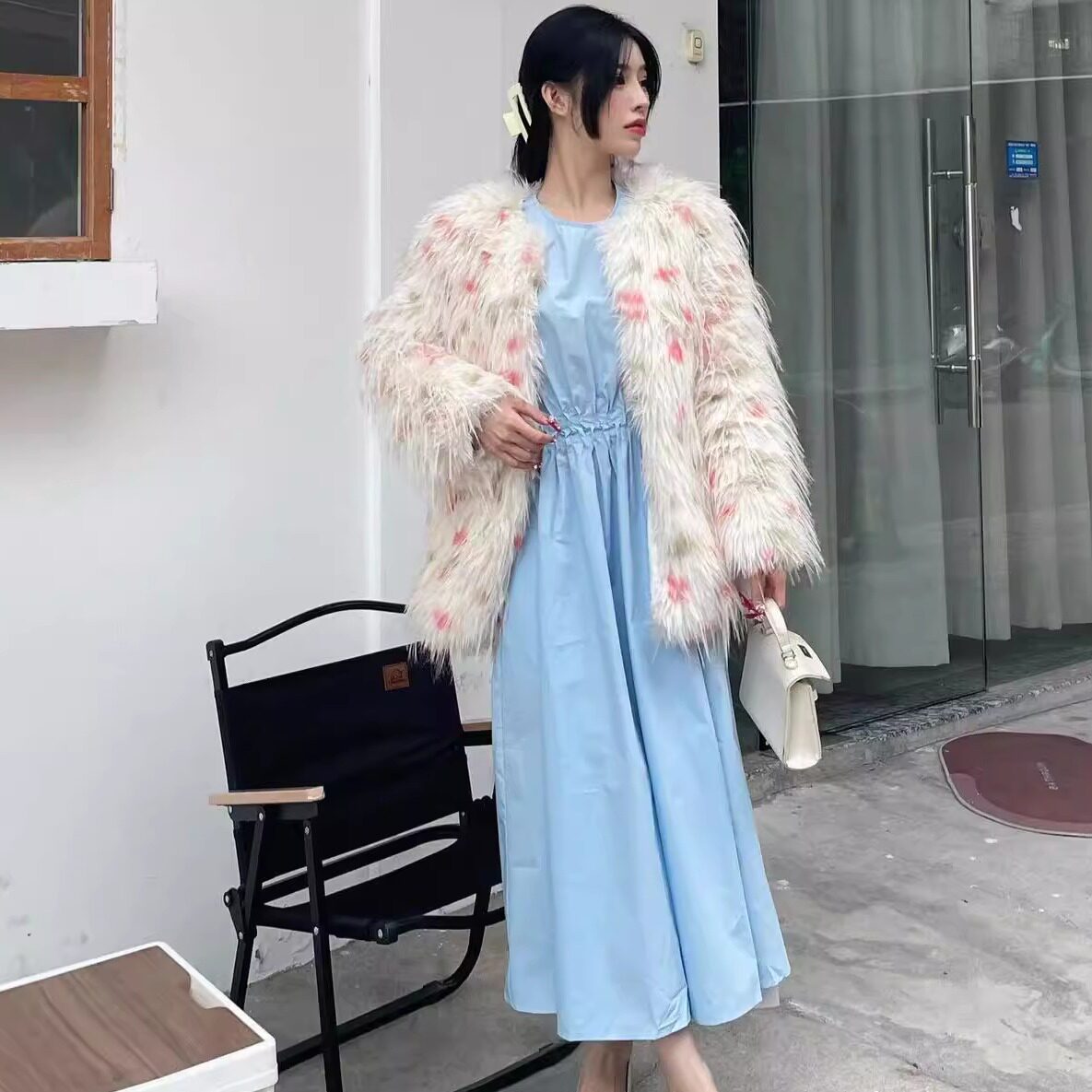 HZMG轻文艺天蓝色连衣裙女夏季新款设计感小众韩版纯欲收腰长裙子