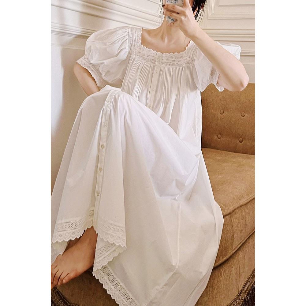 法式宫廷公主风纯棉睡裙女夏短袖白色赫本风睡衣高级感家居服长裙