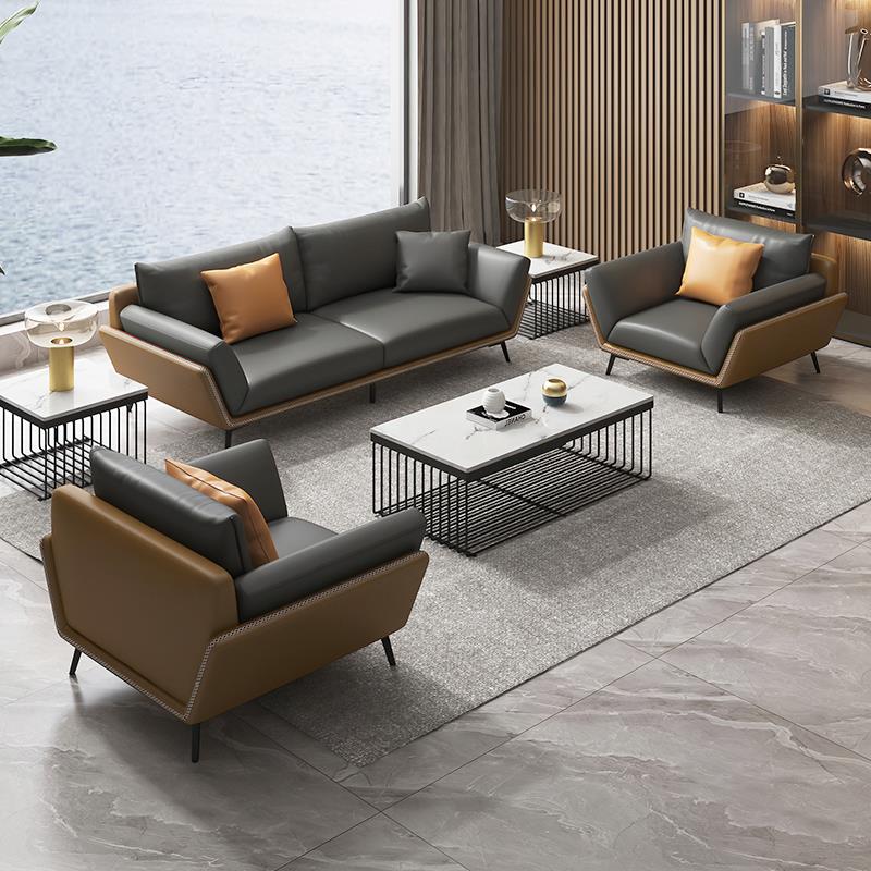 办公室沙发茶几组合简约现代商务会客洽谈接待室休息区真皮三人位