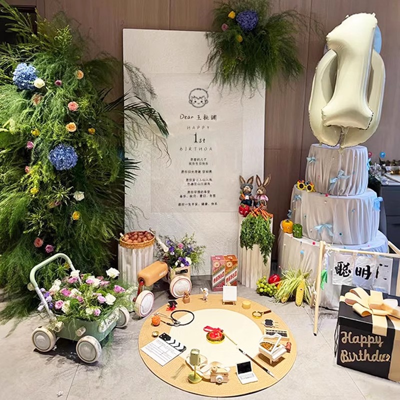 韩式ins周岁生日布置装饰男女孩百日气球场景家庭版定制kt板背景1