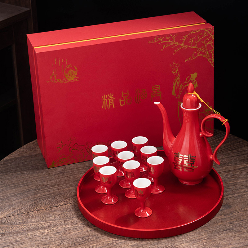 中式酒具陶瓷酒壶敬酒杯宫廷高脚杯白酒家用小酒盅仿古结婚分酒器