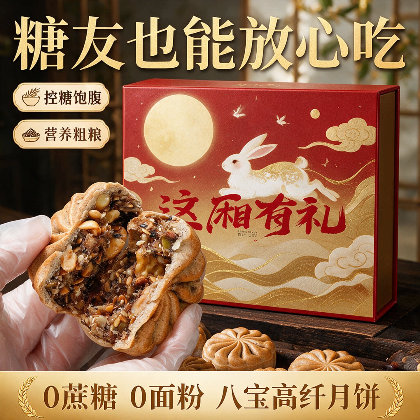 荞麦月饼无蔗糖粗粮糕点特色小点心糖人专用控糖食物中秋月饼礼盒