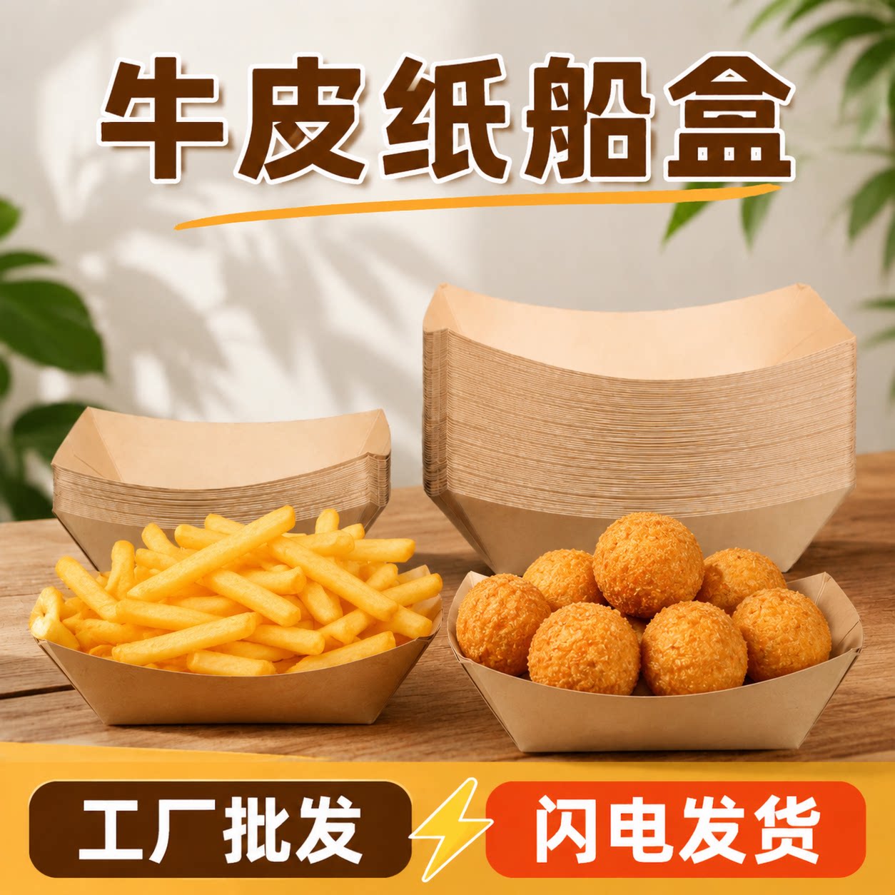 商用一次性牛皮纸托盘免折叠船盒敞口长方形餐盘小吃食品级打包盒