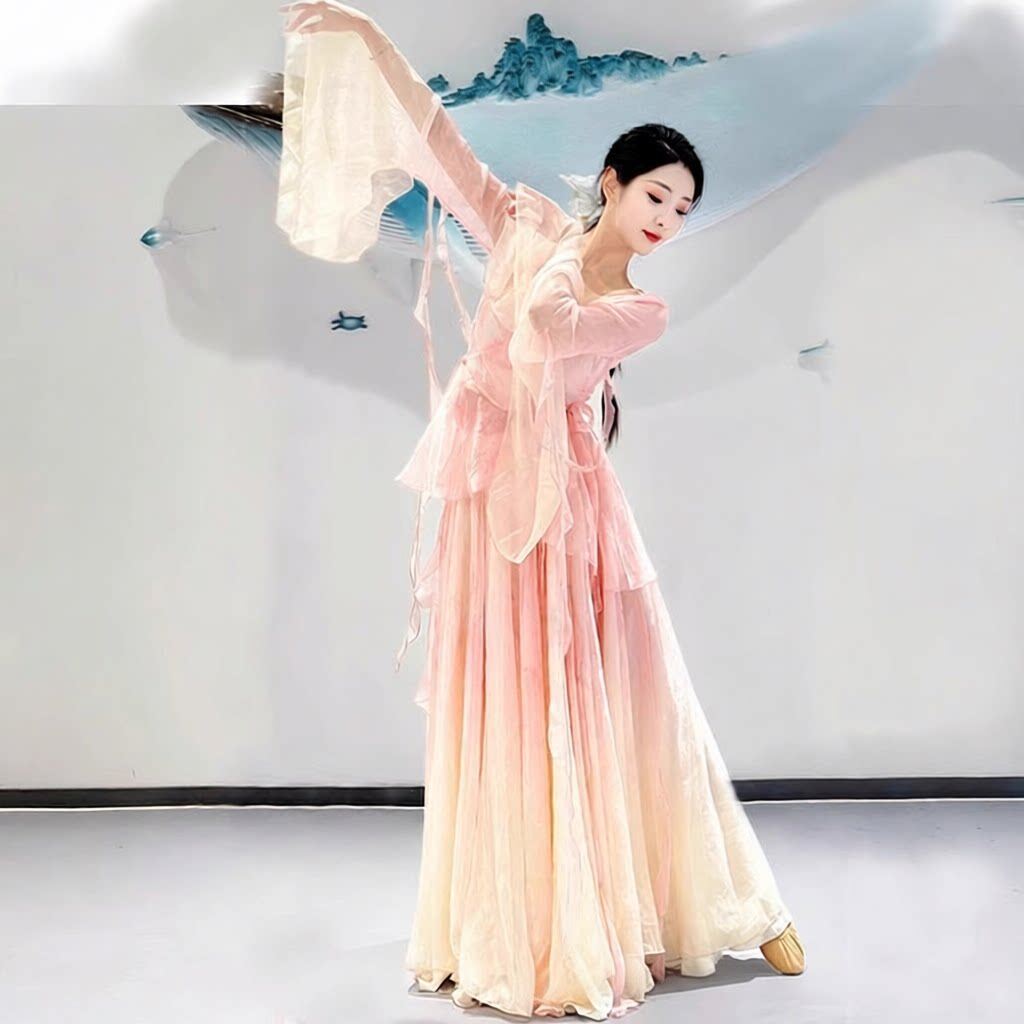 新款古典练功服春颂飘逸仙气中国舞蹈渐变色纱衣大裙摆演出服套装
