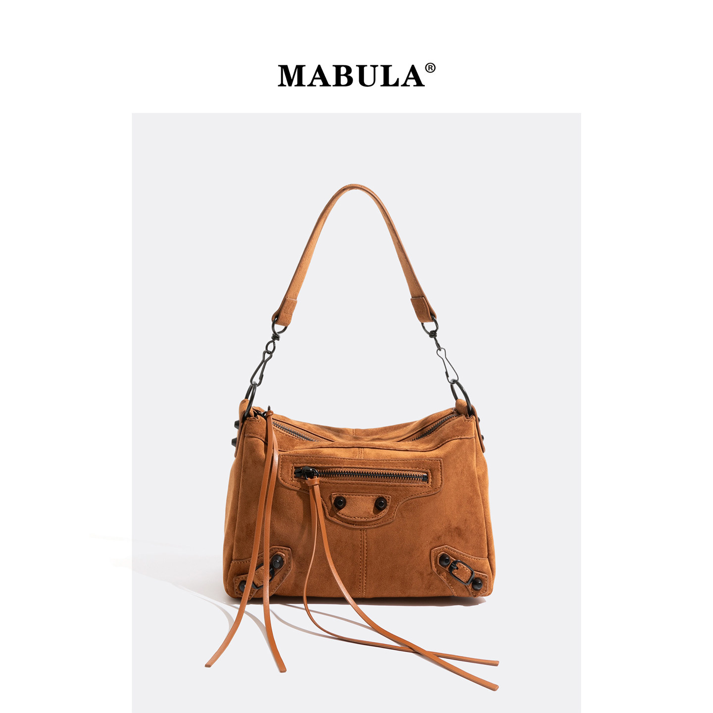 MABULA复古麂皮流苏托特包女2025秋冬链条机车包铆钉大容量单肩包,箱包皮具/热销女包/男包,托特包,淘宝优惠券,粉丝福利购,淘宝优惠卷