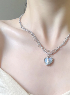 蔻述《海盐汽水》个性爱心月光石项链女复古双层气质闪亮锁骨链潮