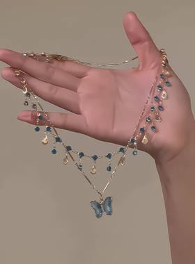 泉水小蝴蝶！蓝色蝴蝶项链女轻奢小众设计感锁骨链高级颈链配饰