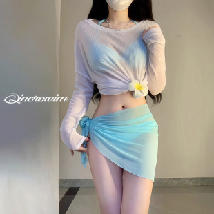 比基尼泳衣女款 防晒蒂芙尼蓝小清新泡温泉泳衣 分体四件套长袖