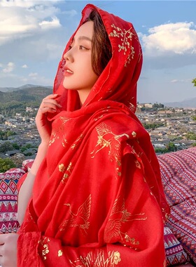 东宫红色民族风旅游丝巾春夏丽江沙漠遮阳披肩搭汉服纱巾女烫金款