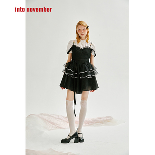 ffringe|玫瑰羽翼|玫瑰肩带蓬蓬花边吊带连衣裙黑色短款