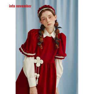 ffringe 原创设计师叠穿丝绒泡泡袖内搭小众红色甜美连衣裙