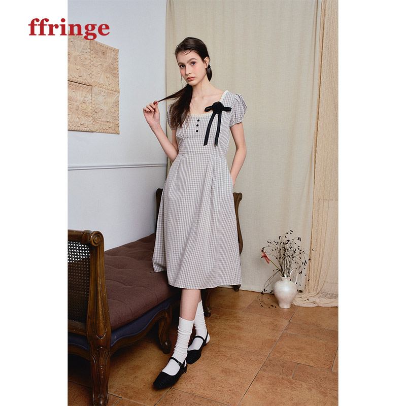 ffringe 米色格纹u领连衣裙中长款蕾丝拼接复古泡泡袖裙子夏