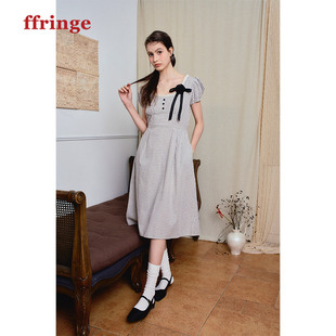 ffringe 米色格纹u领连衣裙中长款蕾丝拼接复古泡泡袖裙子夏