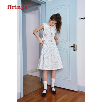 ffringe 原创设计师兔子手绘印花蝴蝶结马甲套装裙两件套女