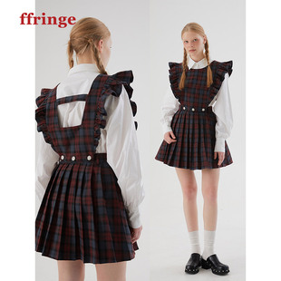 FFRINGE 红格子飞袖可拆卸百褶两穿连衣裙
