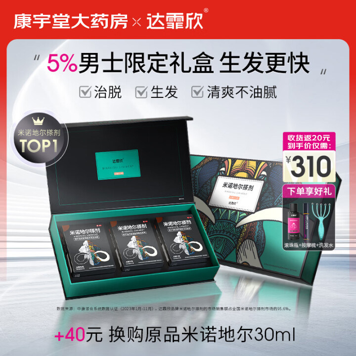 【达霏欣】米诺地尔搽剂5%*60ml*3瓶/盒生发液斑秃防脱发产后脱发斑秃发疯变宽