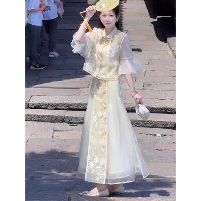 夏季贵气感穿搭上流社会轻奢高级感超火新中式国风黄色连衣裙套装
