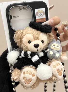 黑色达菲毛衣抱labubu背夹适用ihone16promax苹果15pro手机壳14新13