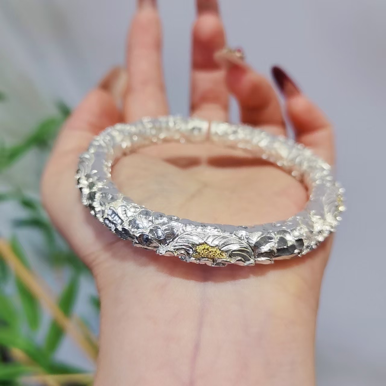 银千造非遗满錾牡丹开口手镯