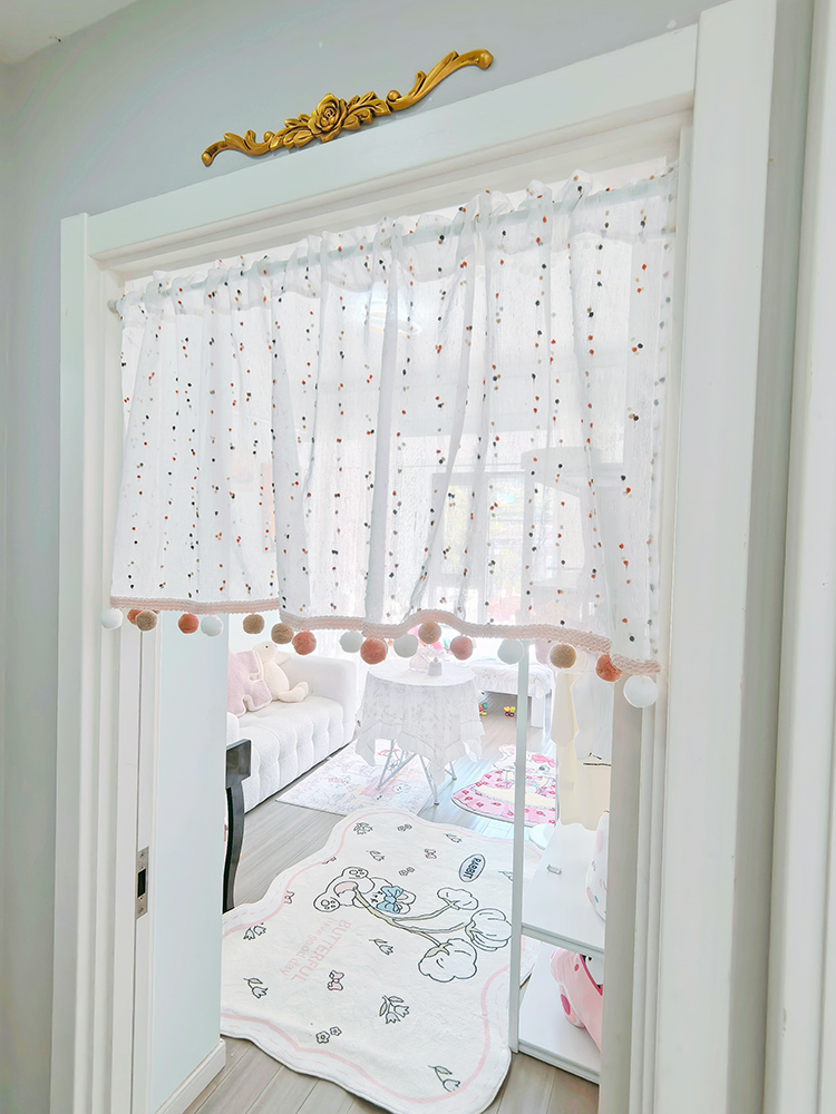 公主风窗帘床帘幔纱毛球花边遮丑小短帘免钉伸缩杆韩系多巴胺门帘