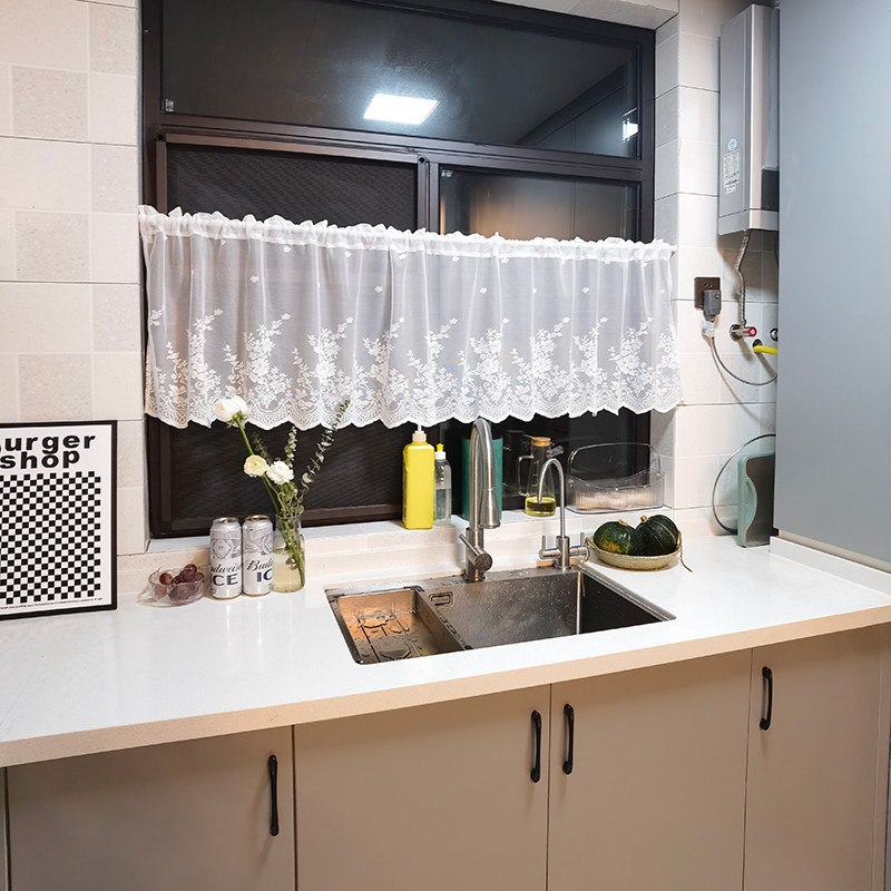 蕾丝厨房短帘美式纱帘半帘飘窗门帘免打孔魔术贴遮挡隔断美式窗帘
