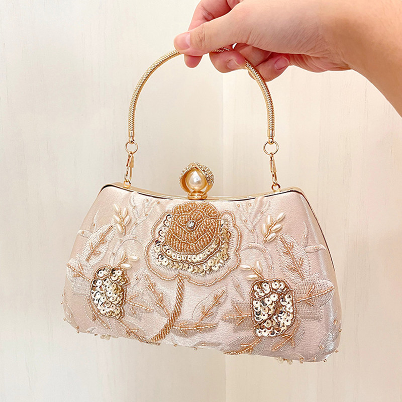复古新中式喜婆婆新娘包国风旗袍宴会包珍珠绣花手提链条包斜挎包