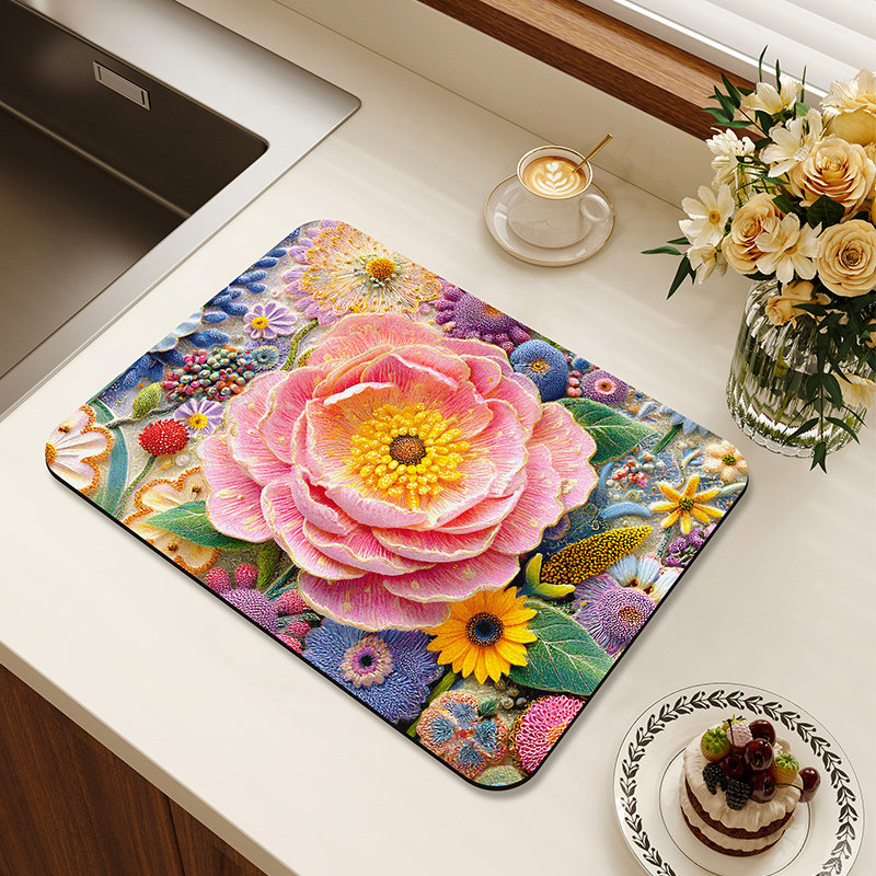 花朵厨房台面垫硅藻泥吸水垫防水防油餐垫防滑垫子咖啡机沥水垫,居家布艺,餐垫,淘宝优惠券,粉丝福利购,淘宝优惠卷