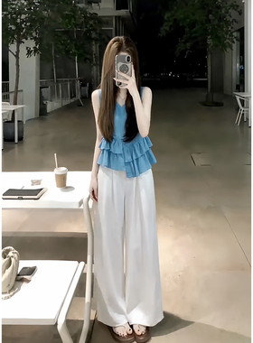 休闲套装女韩系气质巨好看慵懒风蓝色无袖上衣阔腿裤两件套2026夏